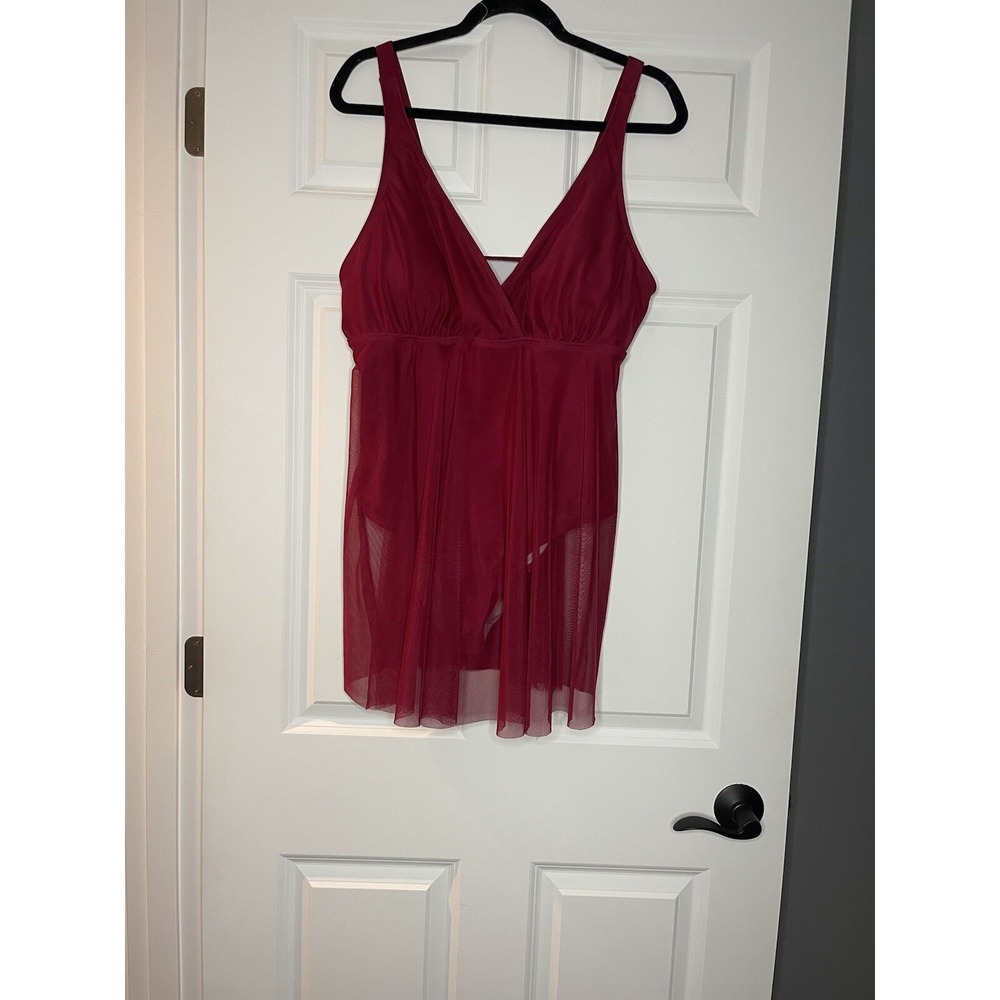Bloomchic One Piece Swimsuit  Swim dress Surplice Mesh Top Maroon 14-16 NWT